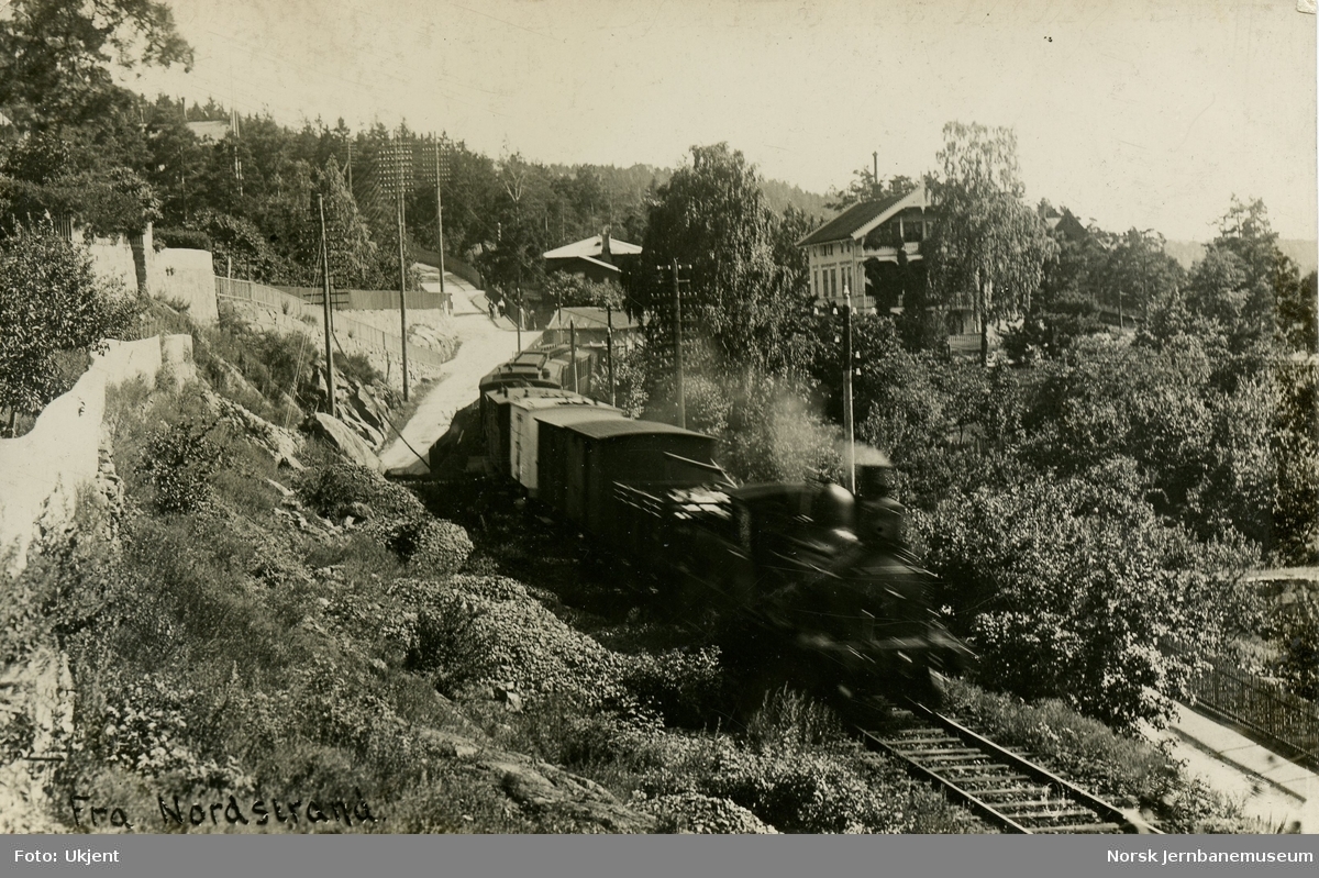 Damplokomotiv type 9a og med blandet tog ved Nordstrand stasjon.