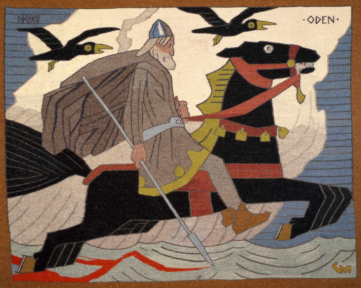 Motivet fremstiller Odin ridende på Sleipner, flankert av Hugin og Munin. Teppet er basert på Mutnhes vignett til "Harald Hårfagres saga" i den nye praktutgaven av Snorres "Kongesagaer" (1899).