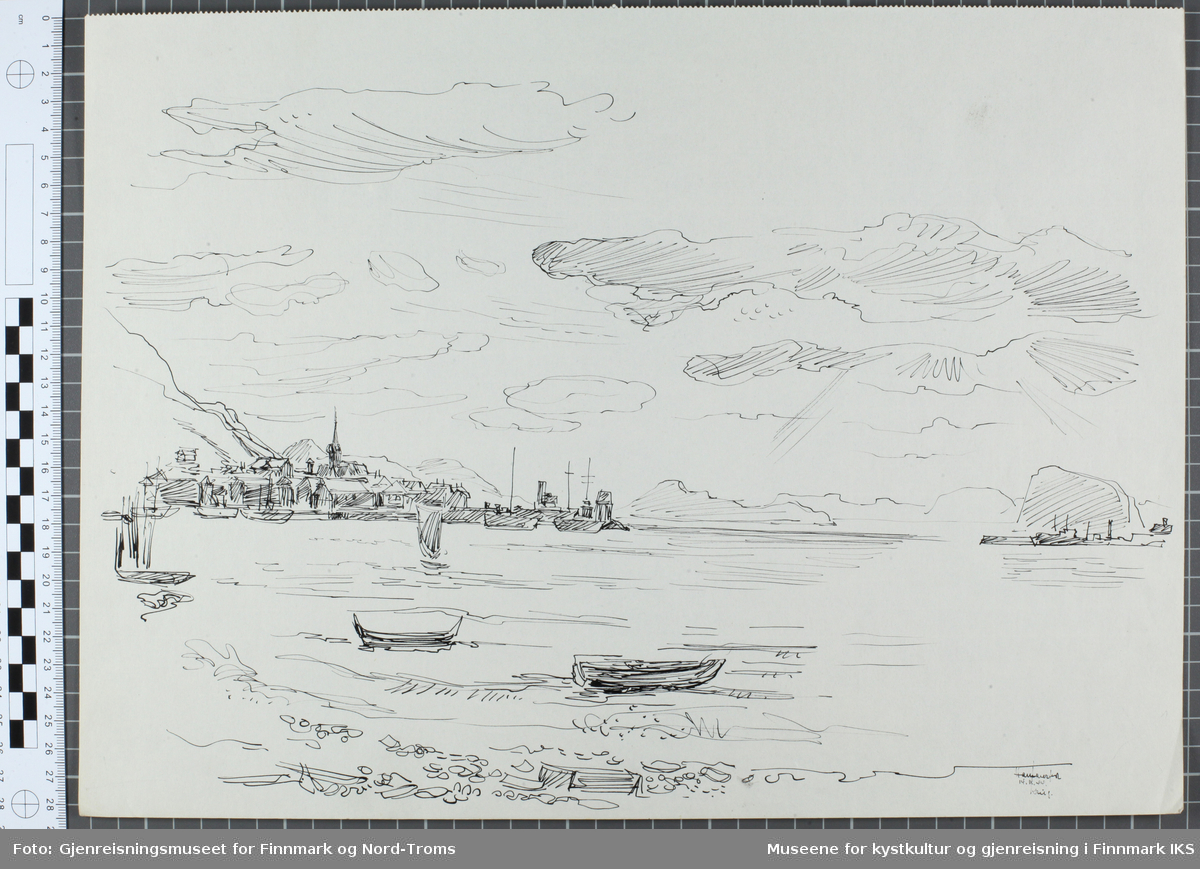Tegningen viser Mollafjæra og robåter i forgrunnen og byen med kirka, havna, Håja og bydelen Fuglenes i bakgrunnen.