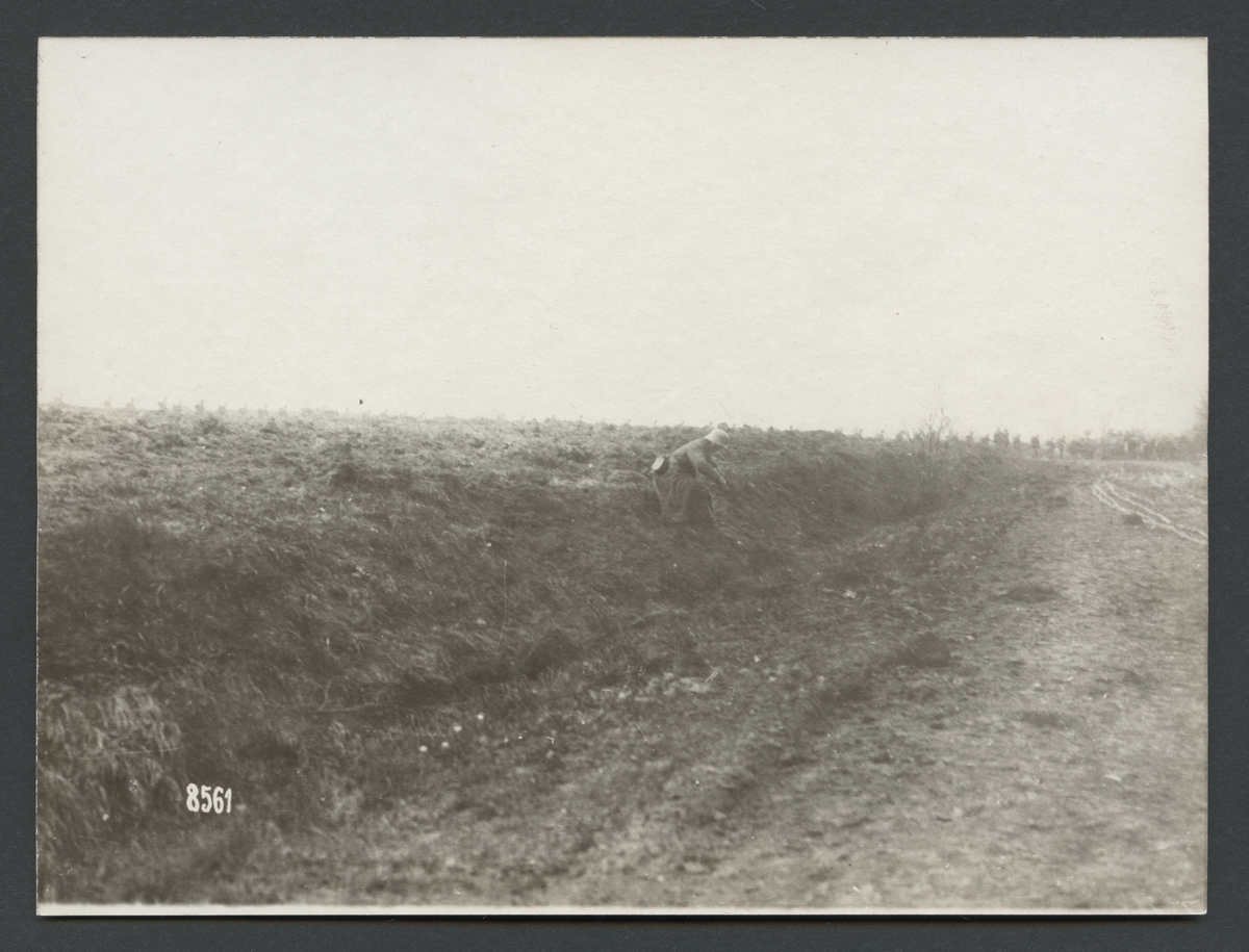 På bilden syns en ensam soldat sittande vid vägremsan. I bakgrunden passerar en lång kolonn soldater.

Originaltext: "I stridsområdet vid Kemmel framryckande tyska stormkolonner."