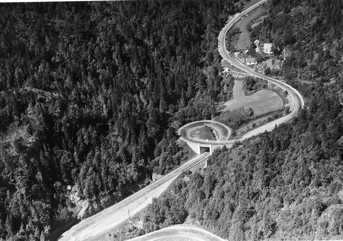 Flyfotoarkiv fra Fjellanger Widerøe AS, fra Porsgrunn Kommune, Svingbroen, Korketrekkeren, Langangen. Fotografert 14/06-1953. Fotograf Vilhelm Skapper