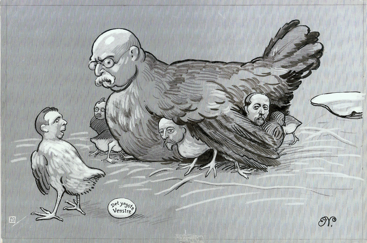 Knudsen er fremstilt som hønemor med Grivi, Fedje og Myrvang under vingene. Mowinckel har nettopp lagt et egg hvorpå står "Det yngste Venstre".