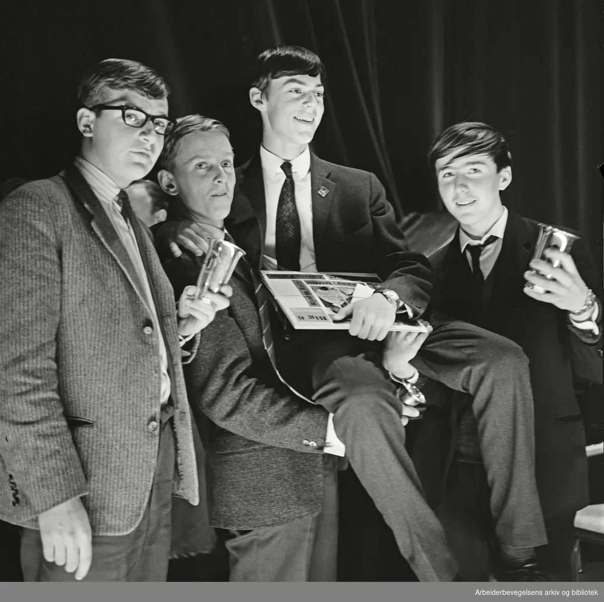 Vinnerne av NM i jazz for amatører 1962; Jan Garbareks kvartett. Fra venstre: Hans Marius Stormoen, Torgrim Sollid, Jan Garbarek og Morten Lassem. Klingenberg kino. 25. november 1962.