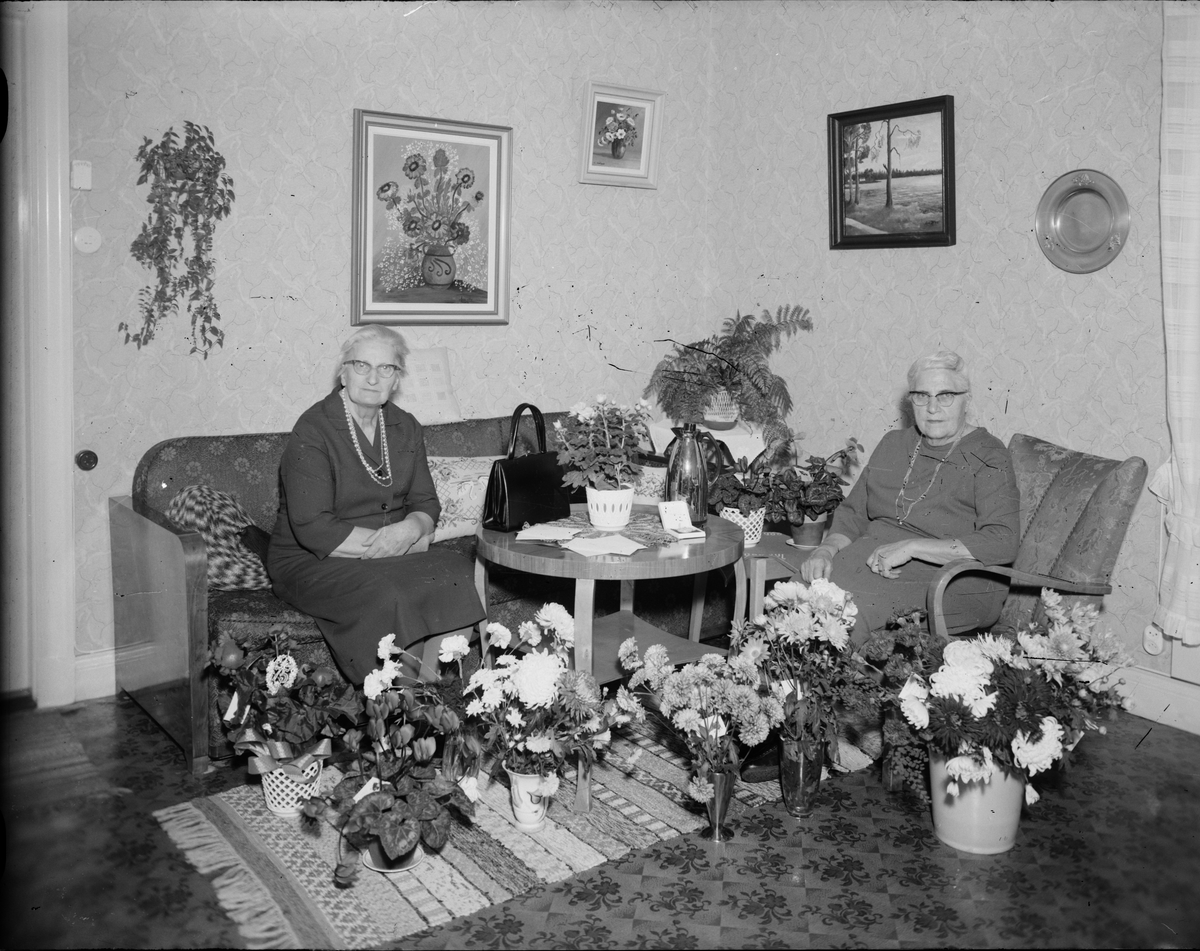Två kvinnor i hemmiljö, omgivna av blommor, Östhammar, Uppland