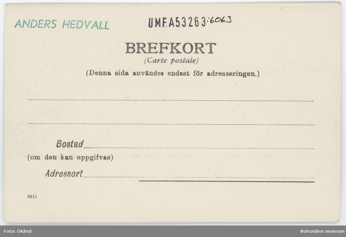 Tryckt text på kortet: "Uddevalla. Gustafsberg."
"J. F. Hallmans Bokhandel."