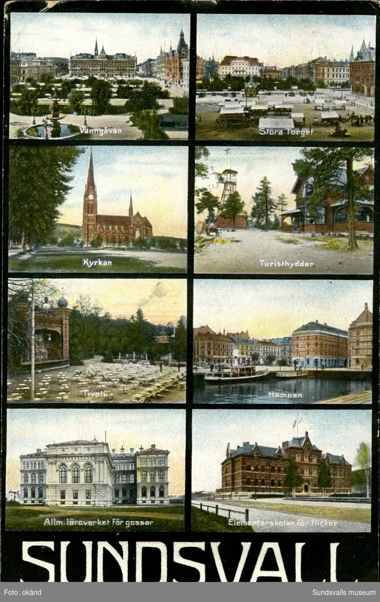 Vykort med motiv över Vängåvan, Stora torget, Kyrkan, Turisthyddan, Tivoli, Hamnen, Allmänna läroverket och Elementärskolan i Sundsvall.