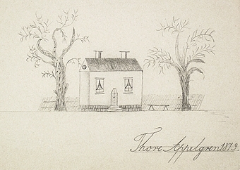 Barnteckning av litet hus, omgivet av två träd och en bänk på höger sida. Oinramad. Se även Appelgrens arkiv.