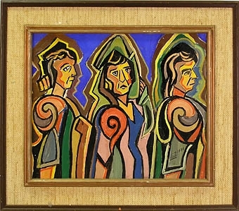Enligt liggaren: Oljemålning på tre kvinnor. Den kallas: De tre Mariorna på väg till graven. Signerad 1976.