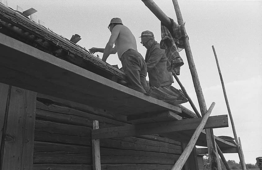 Arbete med spåntäckning av tak på okänd ekonomibyggnad. Två män på en byggnadsställning vid takfoten. Den ena mannen med bar överkropp.