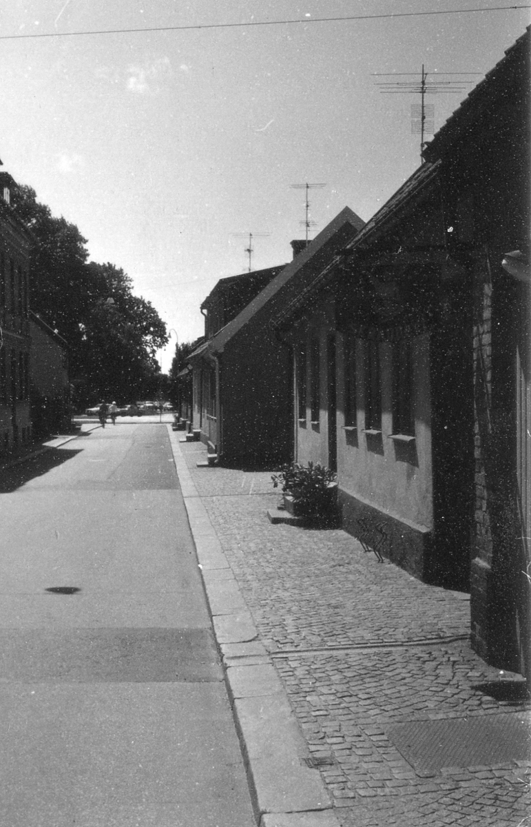 Hantverksgatans södra del, från hörnet Kyrkogatan/Hantverksgatan.
Västra sidan av gatan med skräddare Bengt Roséns skylt.
