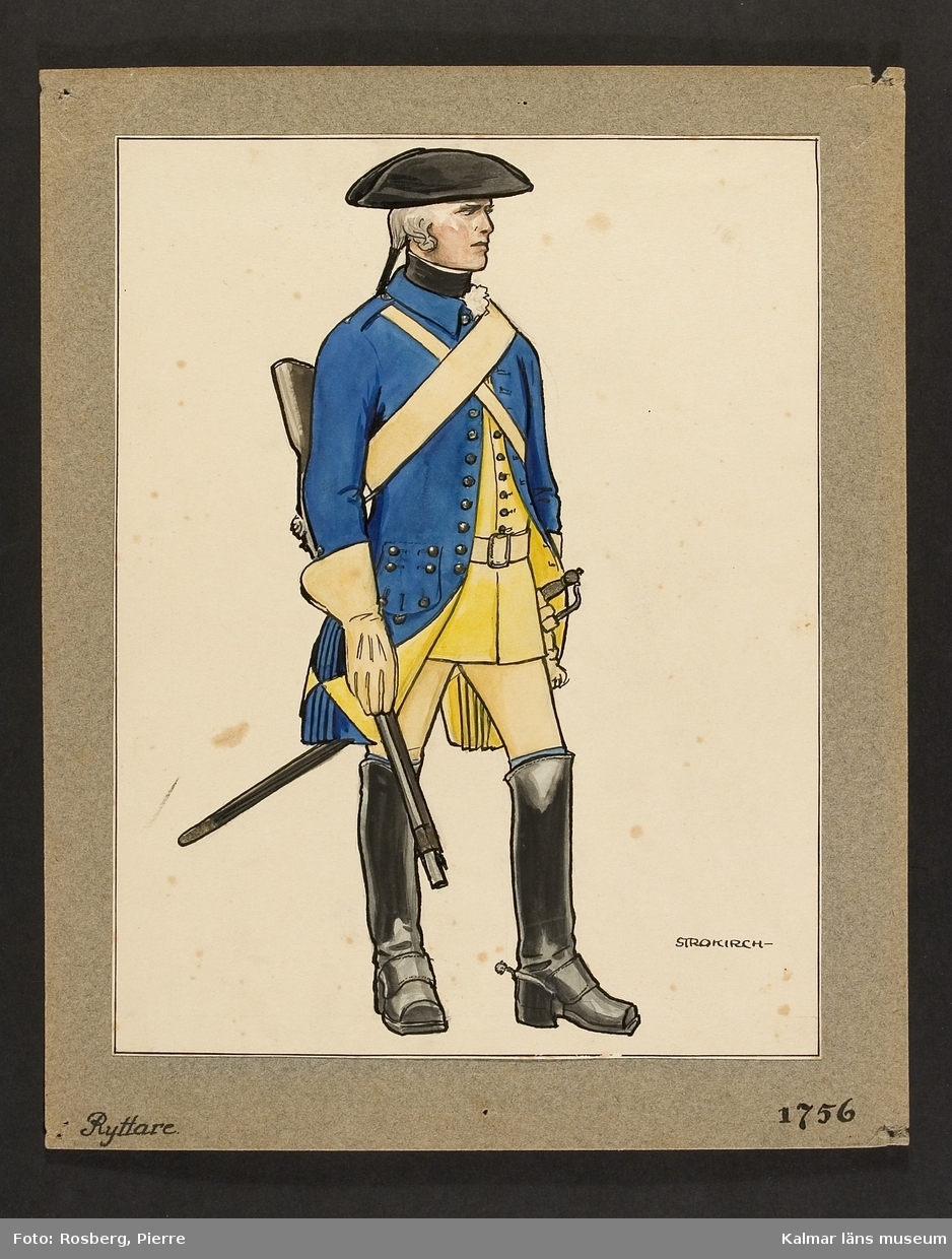 Motiv med ryttare som visar utrustning, uniform och tillbehör vid Smålands husarregemente 1756.
