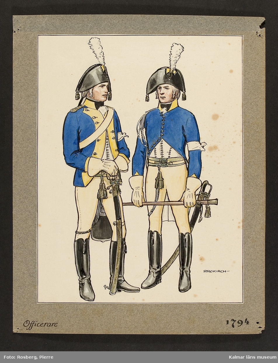 Motiv med officerare som visar utrustning, uniform och tillbehör vid Smålands husarregemente 1794.