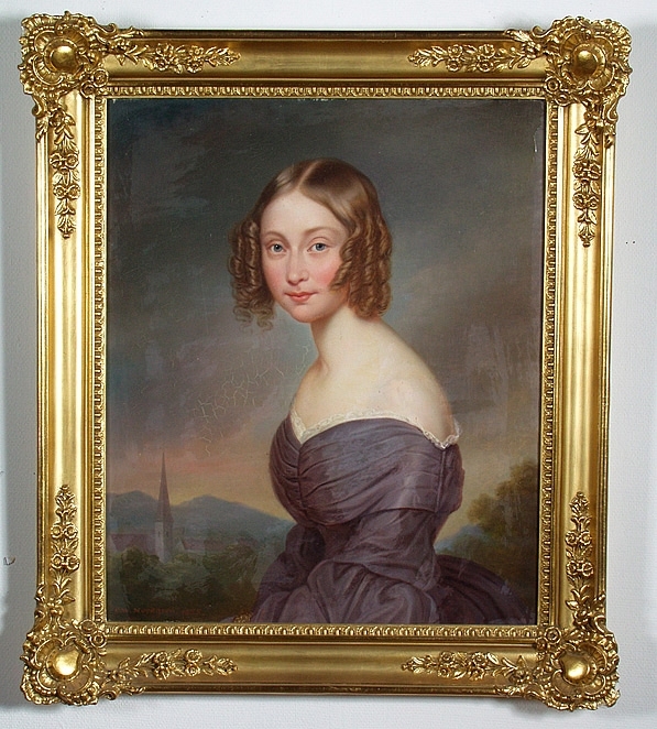 Porträtt av Grevinnan Natalie Löwenhielm f. Buxhoewd

Halvporträtt av en ung kvinna. Kvinnan sitter vänd mot vänster och tittar mot betraktaren. Hon är klädd i en mörklila klänning med bara axlar. I bakgrunden syns ett landskap med bebyggelse i nedre vänstra hörnet.