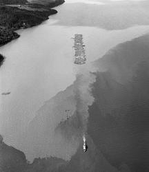 Tømmerslep over innsjøen Øyeren sommeren 1985. Tømmer fra Øs