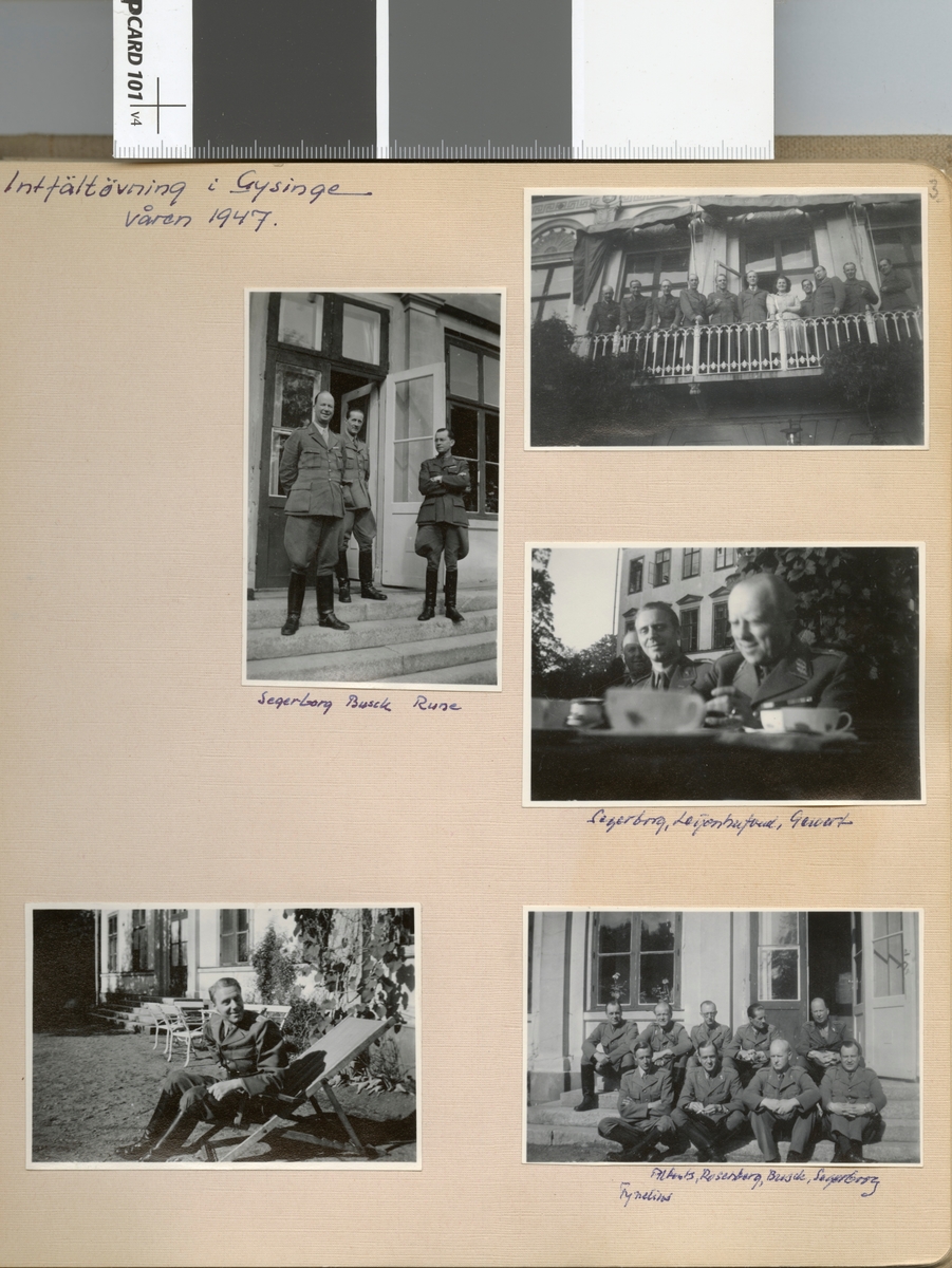 Text i fotoalbum: "Intfältövningar i Gysinge våren 1947. Alberts, Rosenborg, Busck, Segerborg, Tynelius".