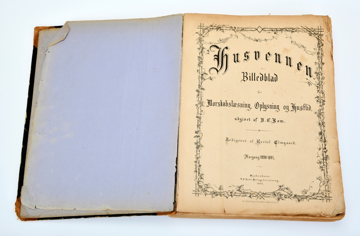 Ukebladet Husvennen Billedblad for Morskabslæsing, Oplysning og Husflis innbudet som bok med stive permer. Bokeen inneholder nr. 1-52 fra 1890, nr.1-13 fra 1891, nr.14-52 fra 1892.