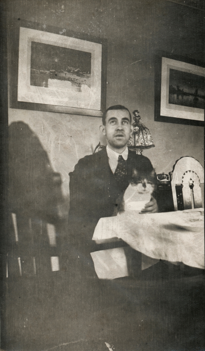 Portrett av en mann med katt på fanget som sitter i ei spisestue.