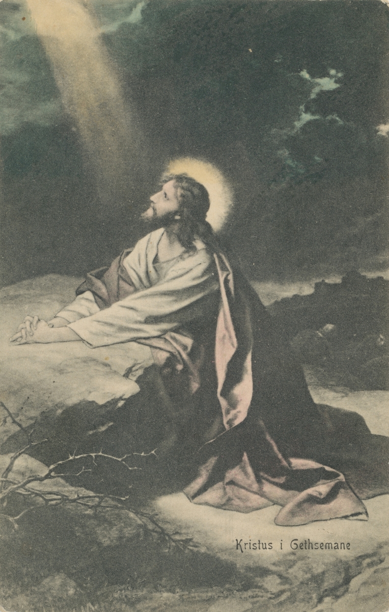 Poskortmotiv av ei tegning/maleri av Kristus som ber i Getsemane.