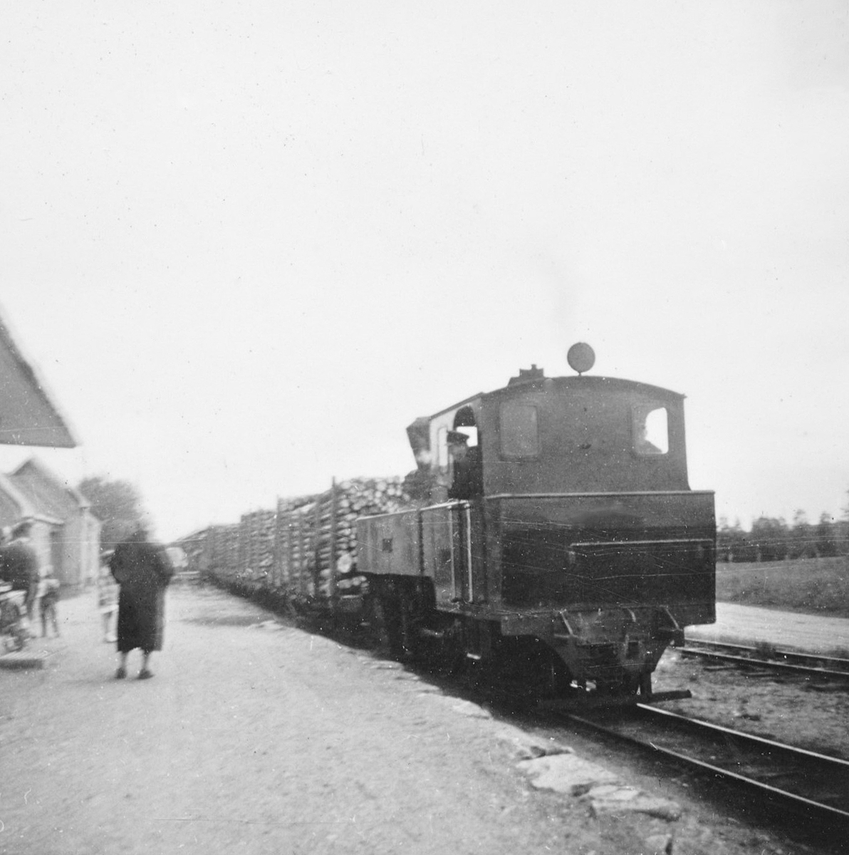 Damplokomotiv XXIXb nr. 7 PRYDZ med tog til Skulerud på Lierfoss stasjon. Fremst i toget fullastede tømmervogner