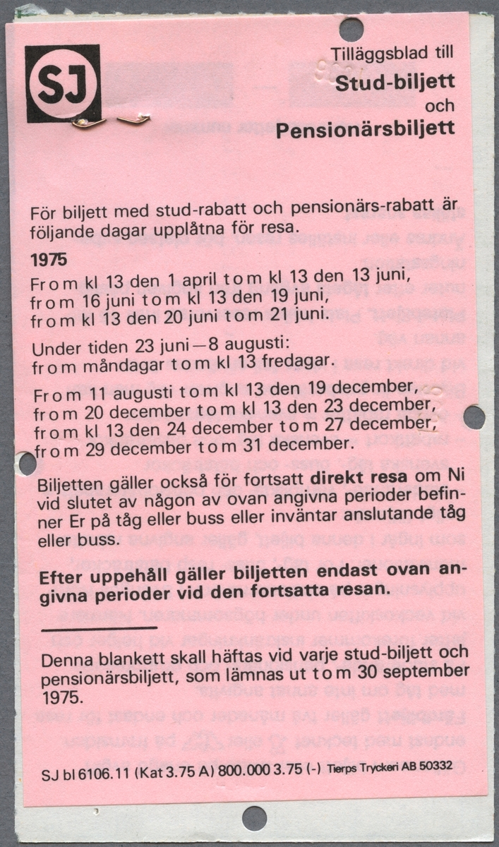 Tur- och returbiljett 2:a klass för sträckan Stockholm C via Hallsberg till Göteborg C. Priset är 90 kronor.
På baksidan finns information för stud-biljett och pensionärsbiljett.
Biljetten är klippt.