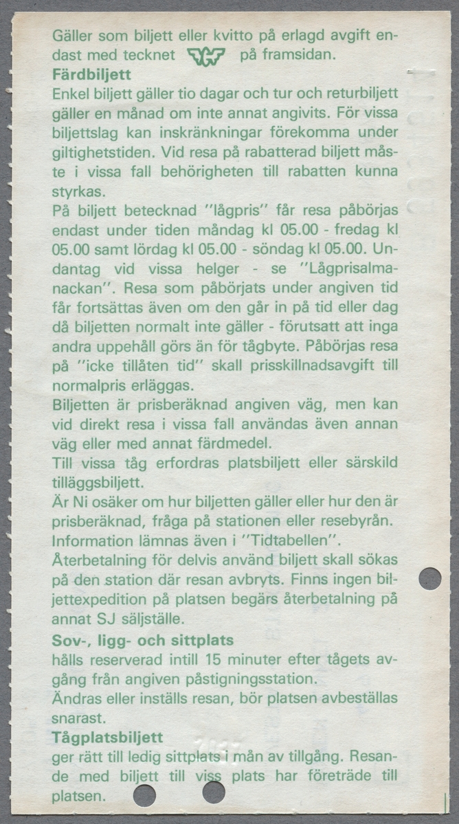 En enkelbiljett i 2:a klass för sträckan Alvesta till Stockholm C. Priset är 220 kronor.
På baksidan finns reseinformation i grön text. Biljetten är klippt.