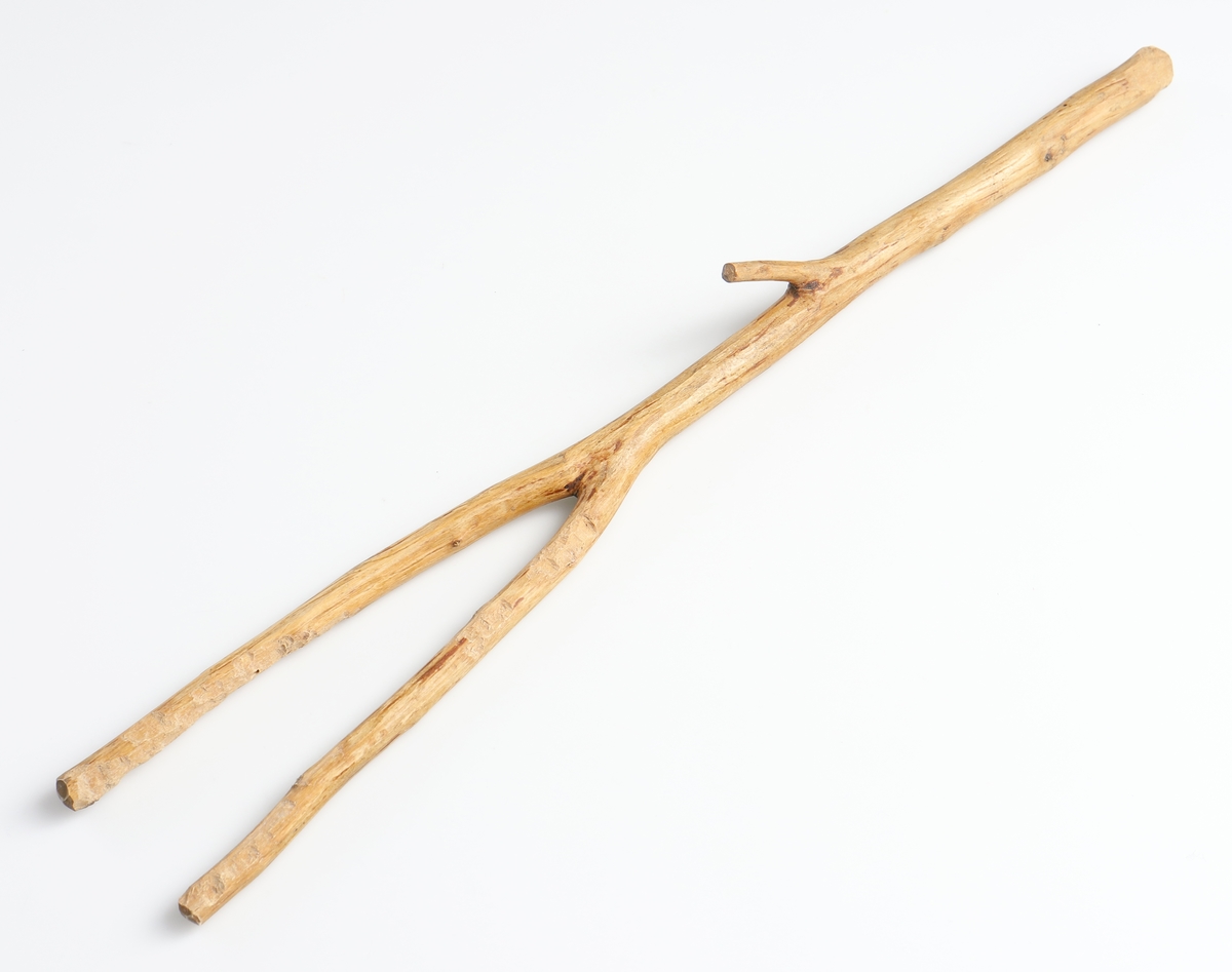 Visp av trä. Ett långt träskaft, som framtill delar sig i en tvågrenad klyka. På skaftet en liten extra snedställd kvist.