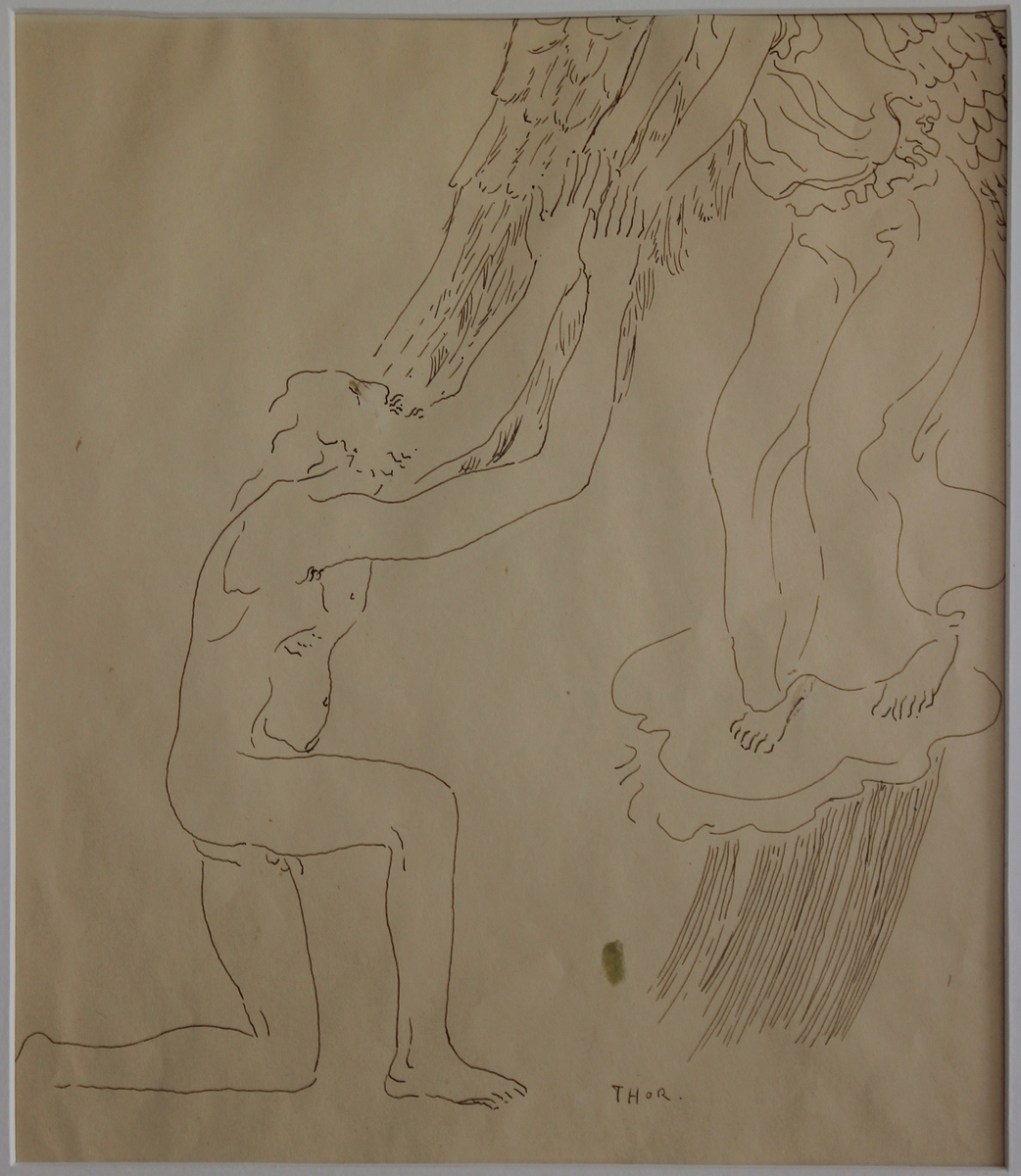 Teckning föreställande ängel och naken, gammal man, som räcker varandra händerna.