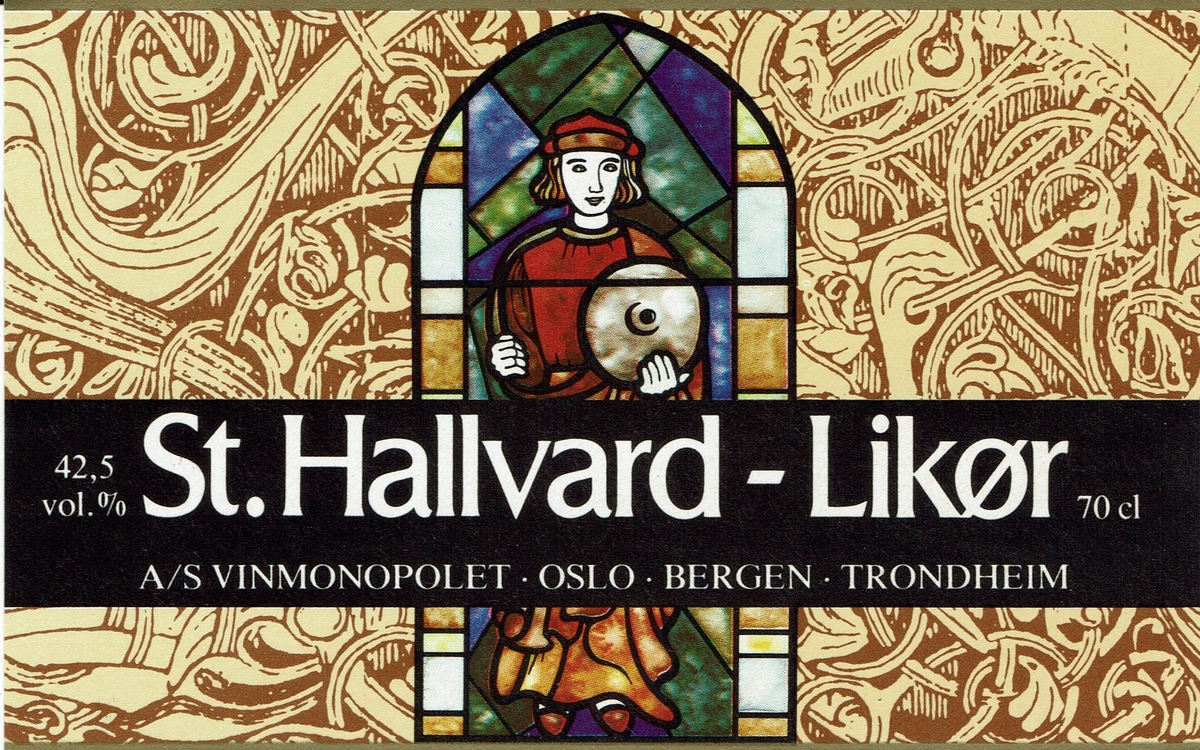 St. Hallvard-likør. 42.5 vol%.  A/S Vinmonopolet Oslo, Bergen, Trondheim.