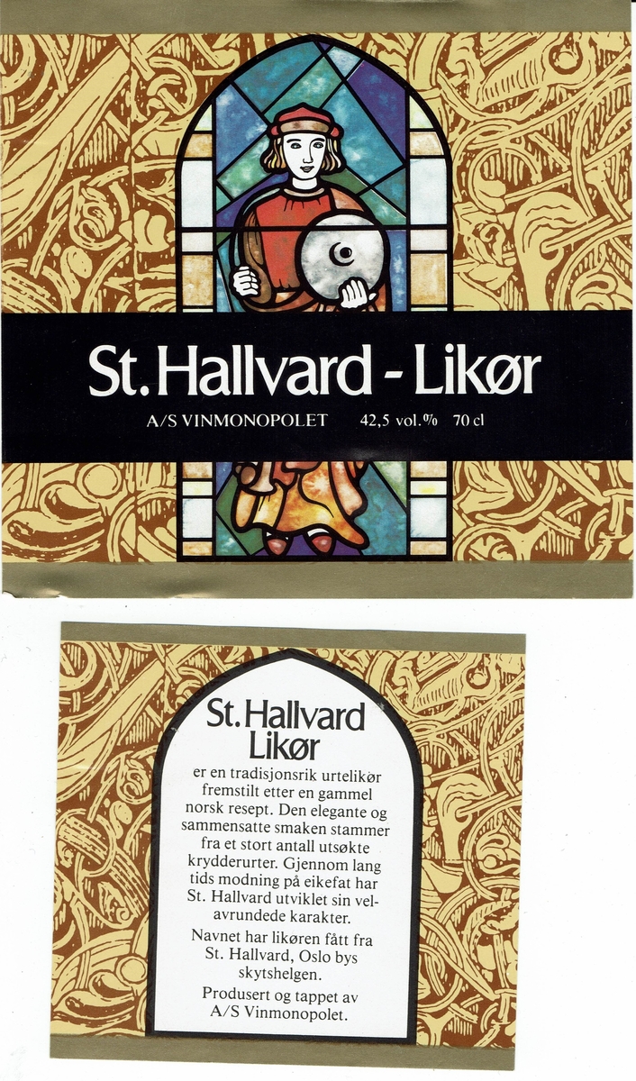 St. Hallvard-likør.  42.5 vol%.  A/S Vinmonopolet. Etikett fra 1980. 