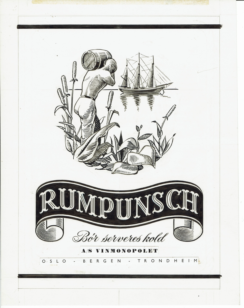Tegning til etikett for Rumpunsch. Tegner Kjell Dahl A/S Høydahl Ohme. 