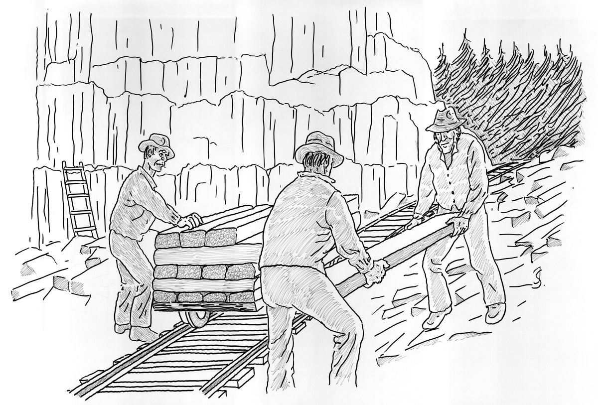 Arbeiderar i brynesteinsberget lesser stein på vagge.