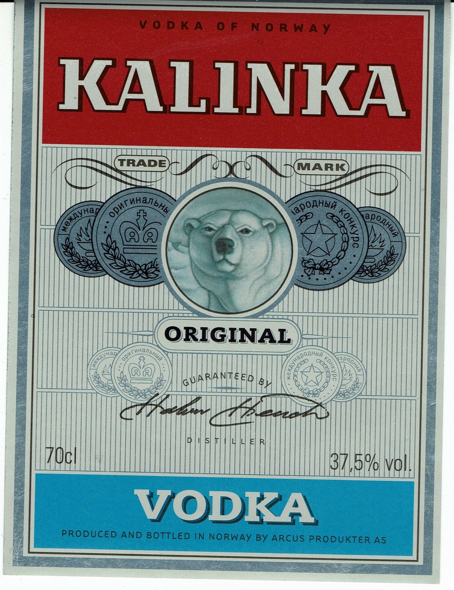 Kalinka Original Vodka.  37.5% vol. Vodka of Norway. Produced and bottled in Norway by Arcus Produkter AS. 