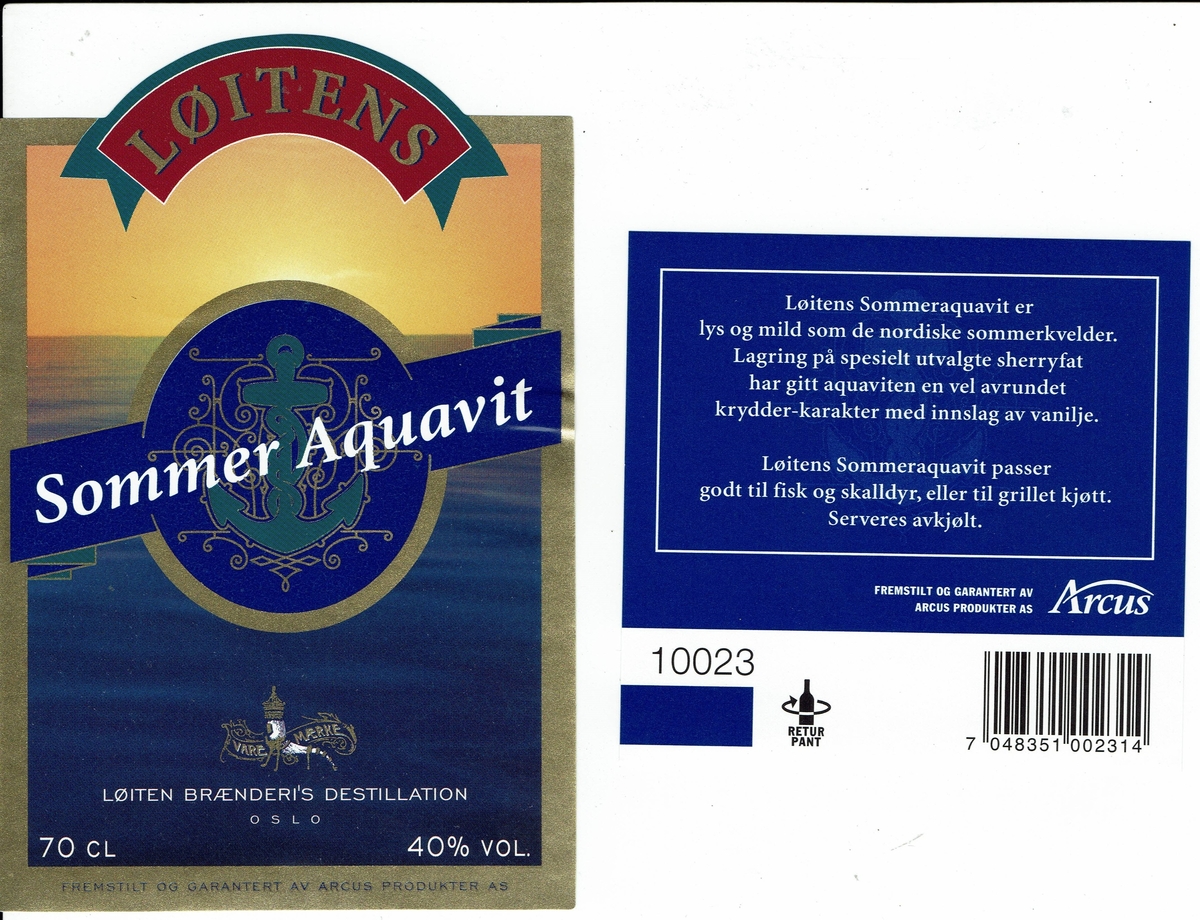 Løitens Sommer Aquavit. Med varemerke. Arcus Produkter AS. 40 % vol. 