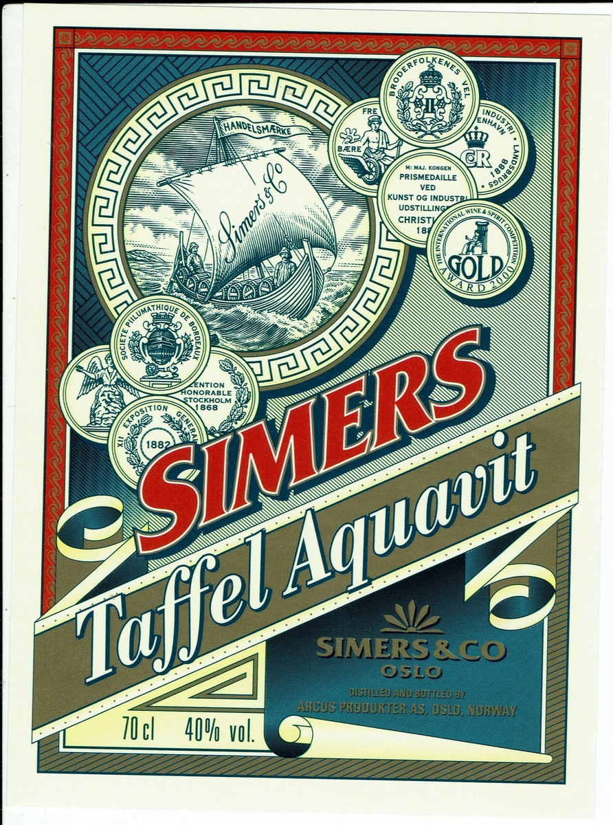 Simers Taffel Aquavit. Arcus Produkter AS.  40 % vol. 