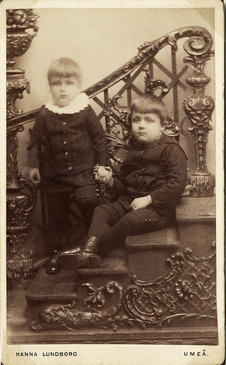 Foto av två små pojkar i mörka dräkter. Den ena pojken har en stor vit krage. De sitter och står på en trappa.
Helfigur. Ateljéfoto.