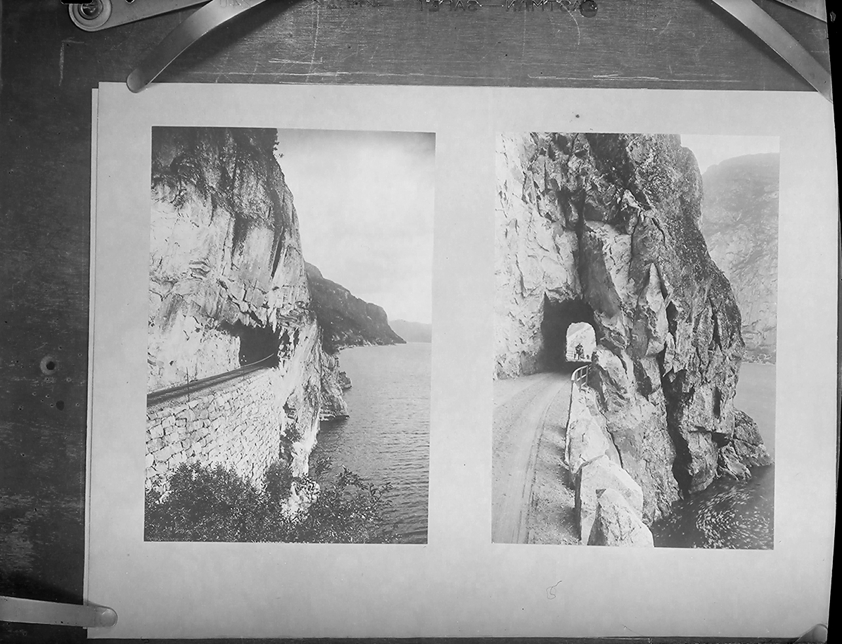 To Wilsebilder på kartong. Begge av en veitunnel i fjell.