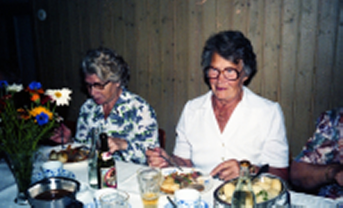 Hobbyverksamhet för pensionärer, 1970-tal. Utflykt till Resa Två Skyttlar, hotell och restaurang i Örby. Två okända damer som sitter till bords.