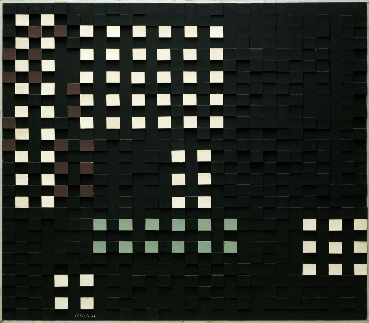 Målning på pannå, "Ljusrum 1" av Juho Suni. På pannå har klistrats kvadratiska pappbitar som målats i svart, vitt, grönt och brunt. Silverfärgad kantlist.
(Kat.kort)