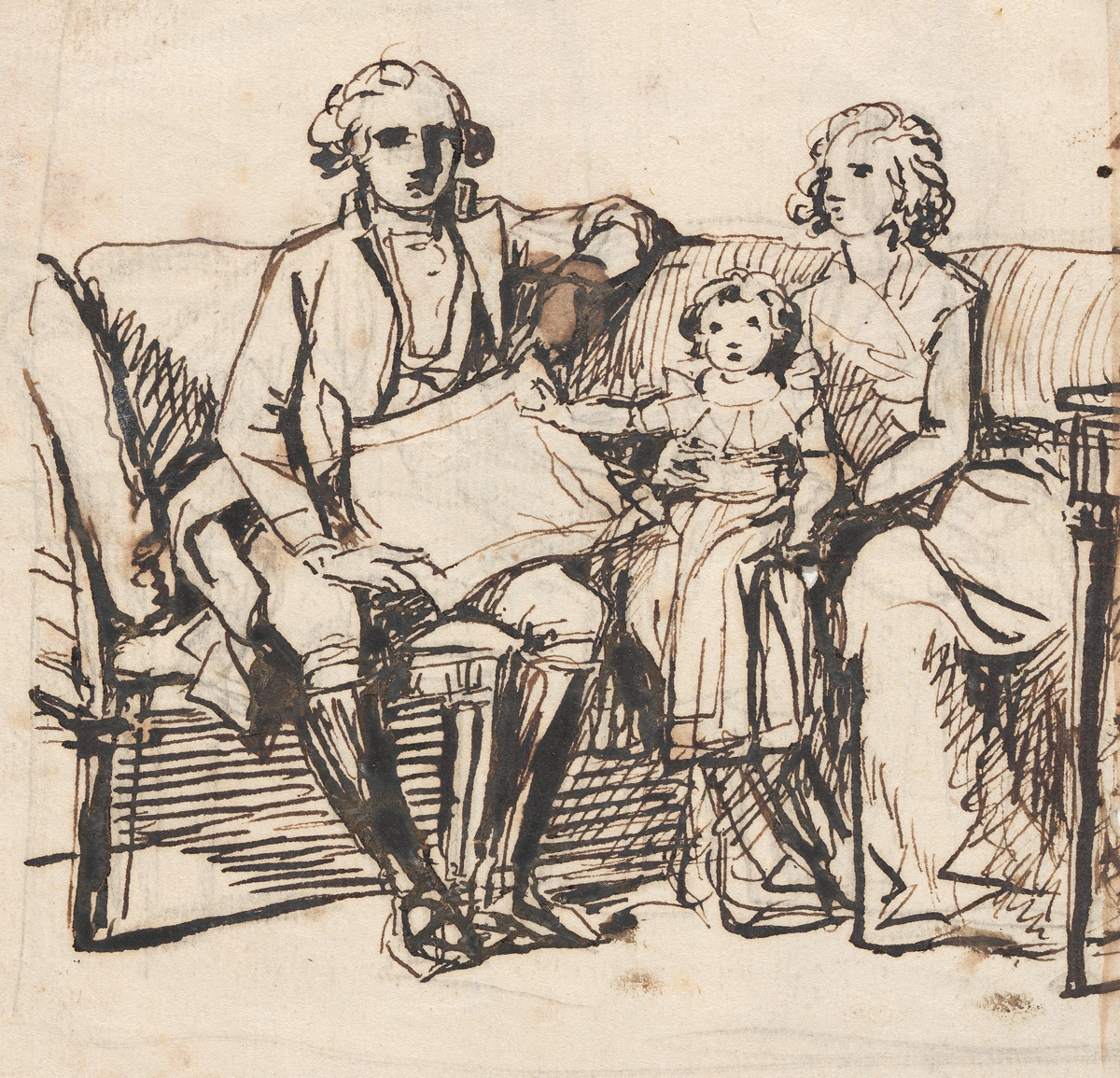 Forarbeid til "Peder Anker til Bogstad med sin hustru Anna Elisabeth, f. Cold, og deres datter Karen" [Tegning]