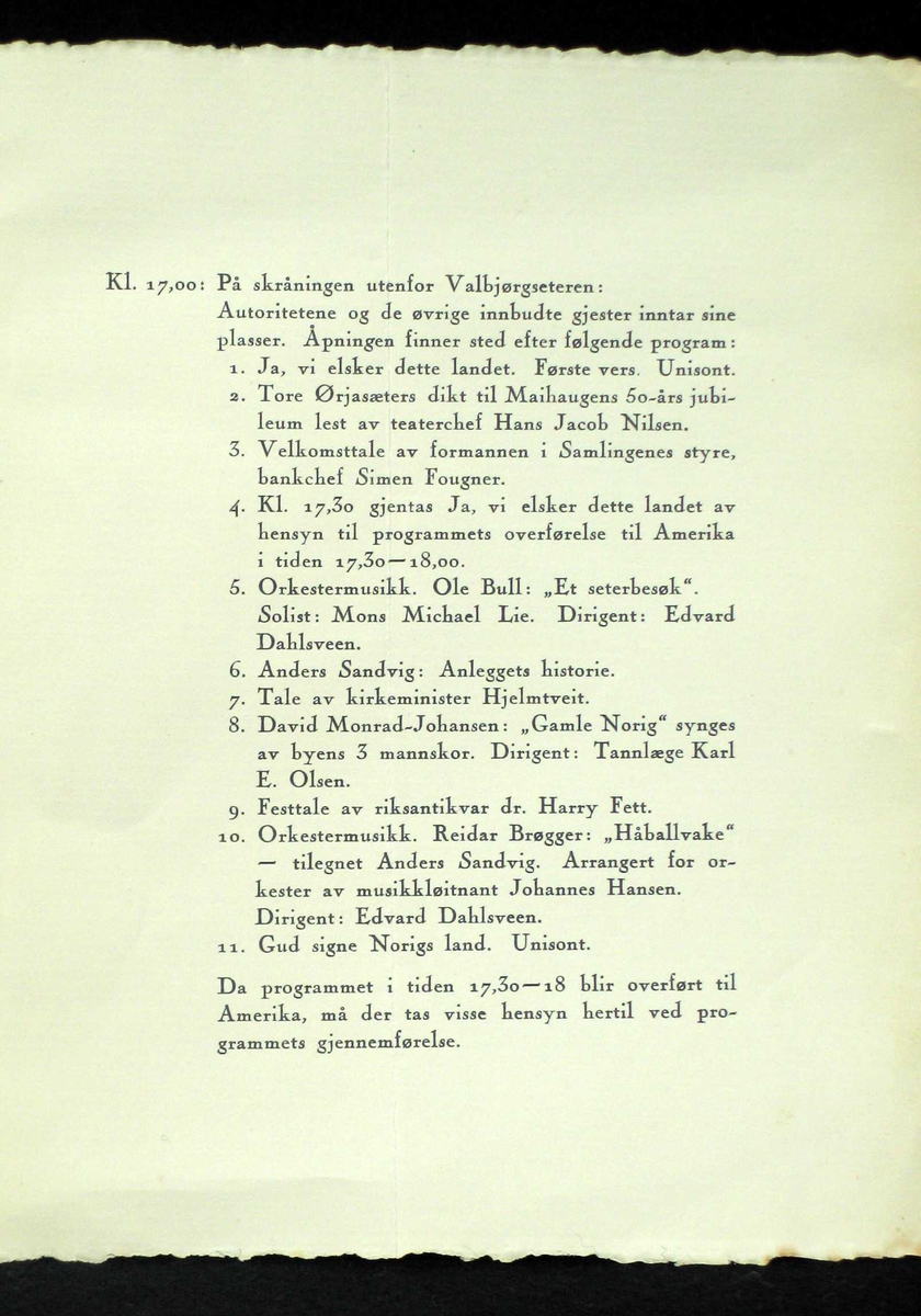 Program for jubileumsfestlighetene på Maihaugen 23. juni 1937. Et papirark på 2 blad (4 sider). Øverst til venstre er Maihaugens logo trykket.