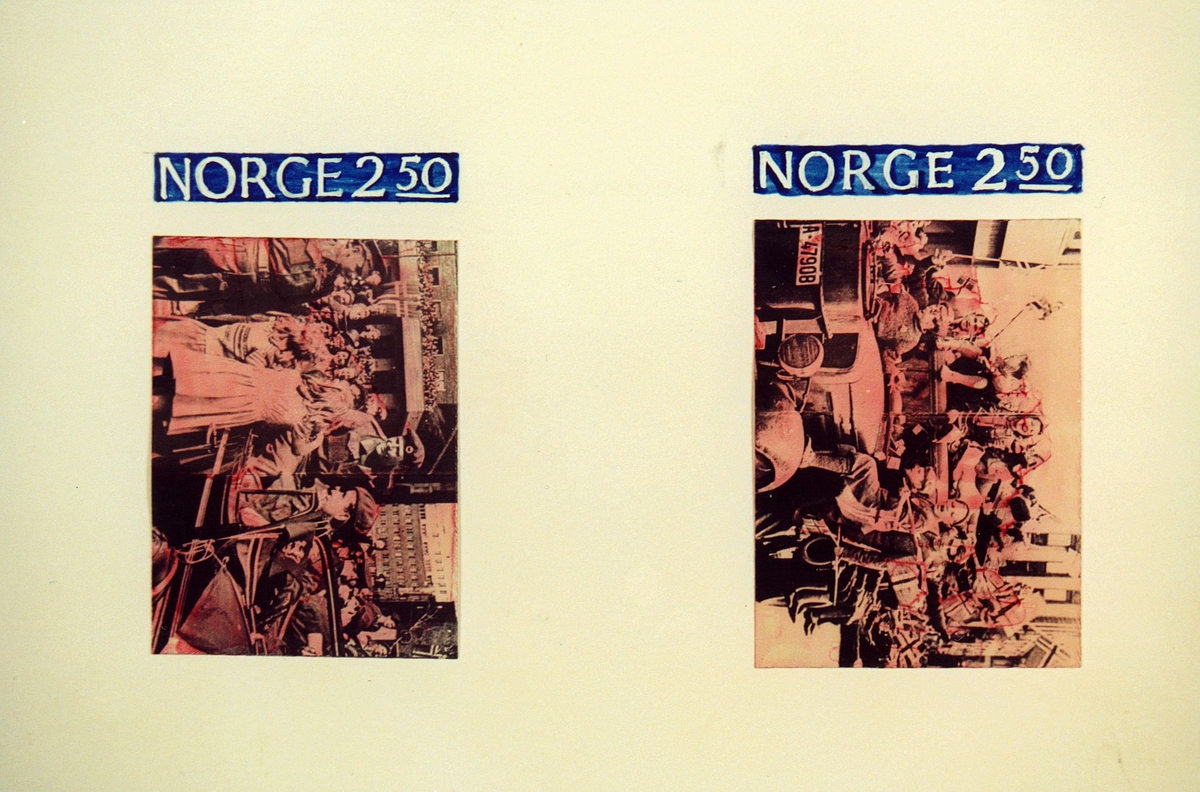 Postmuseet, frimerker, fotografi, utkast, NK 968, 8. mai 1985, 2,50 kr, karminrød og blå, 40 år siden frigjøringen, kronprins Olavs hjemkomst mai 1945, kunstner: Knut Løkke-Sørensen.