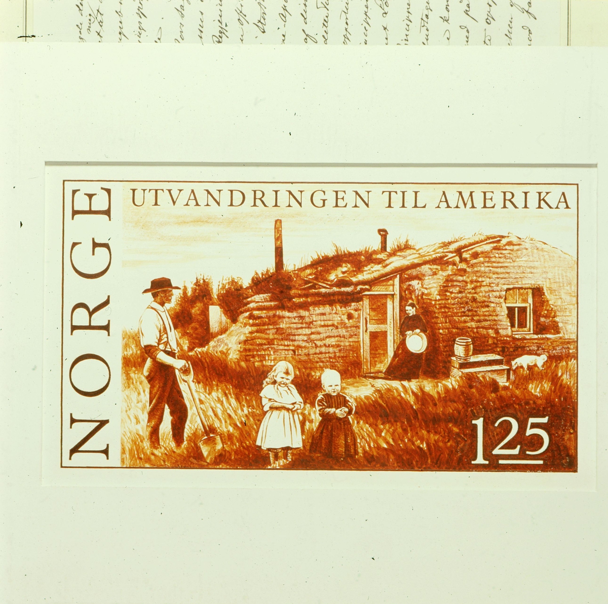 postmuseet, Kirkegata 20, frimerker, NK 755, 150-årsminnet for utvandringen til Amerika, nybyggerfamilie
