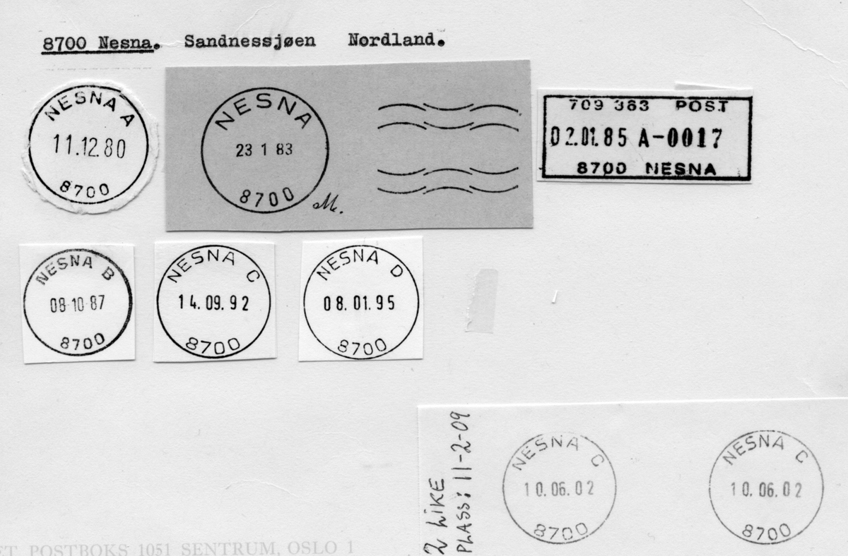 Stempelkatalog. 8700 Nesna. Sandnessjøen postkontor. Nesna kommune. Nordland fylke.