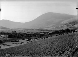 Kort: Kvam med Vik  i forgrunen. Hesjer, høysåter, kornnek