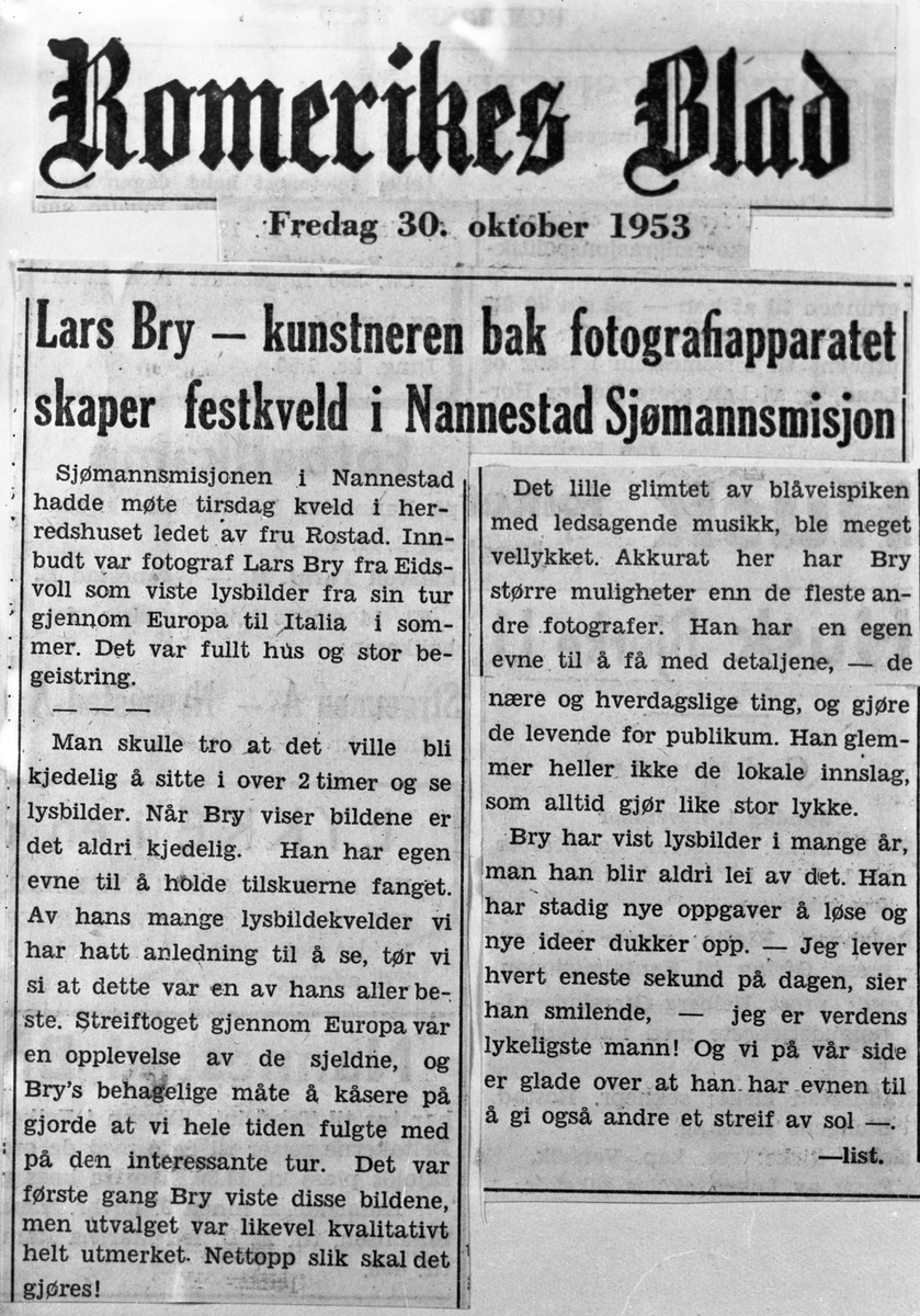 Avisutklipp om Lars Bry fra Romerikes Blad, fredag 30.okt. 1953. Foredrag om reise til Italia.