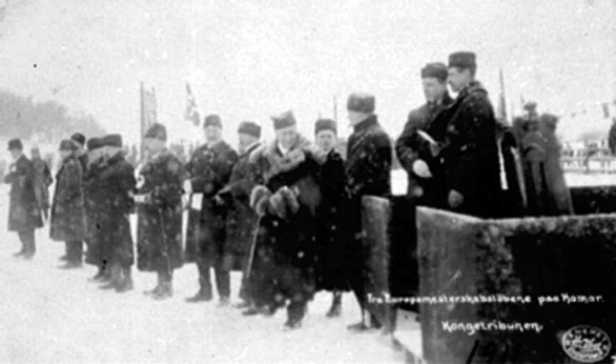Postkort, Hamar, Veslemjøsa, europamesterskap på skøyter 1911 på Mjøsa, EM 1911, på søndag 20. februar var kong Haakon VII æresgjest, kongetribune, russeren Nikolaj Vasiljevitsj Strunnikov ble europamester,