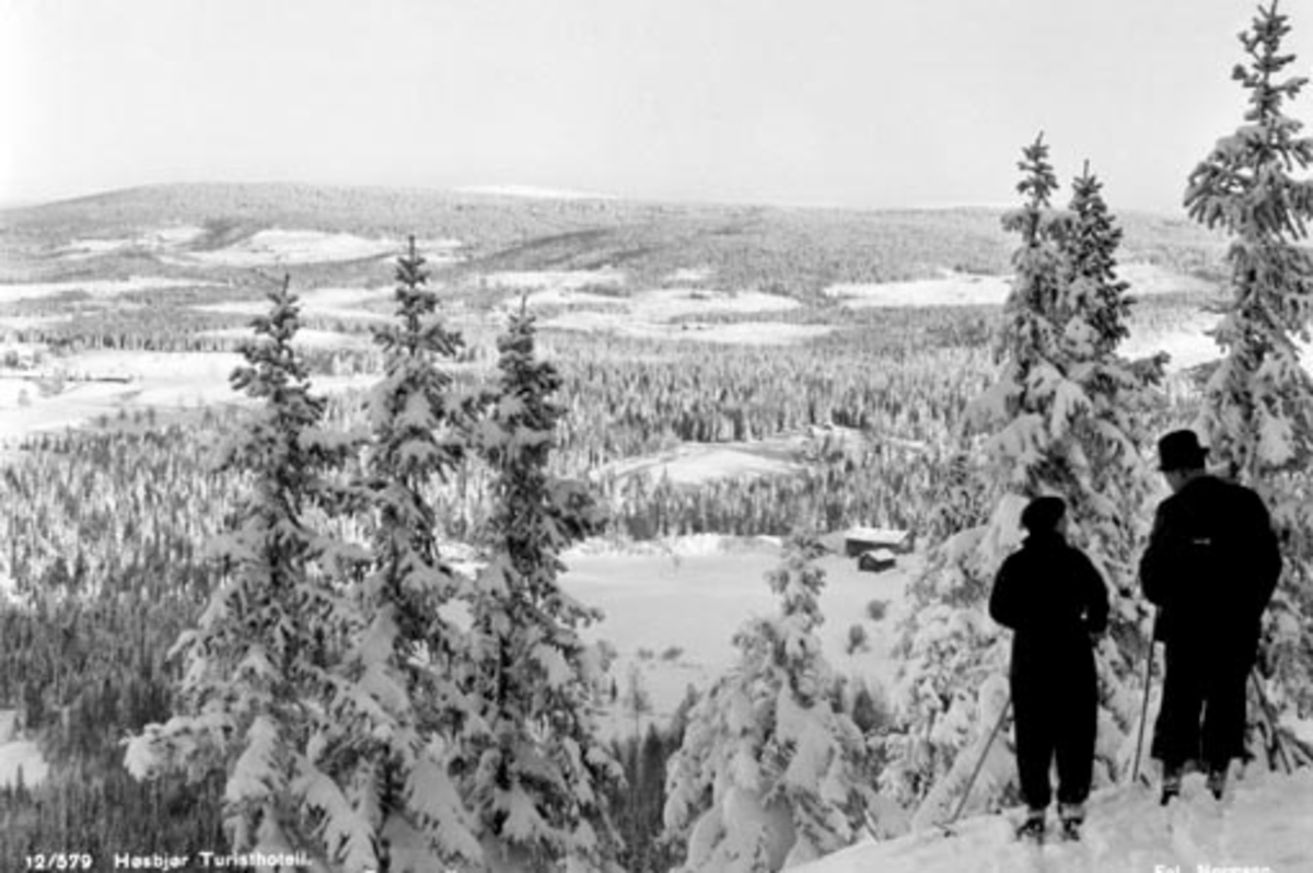 Postkort, Utsikt fra Sletberget, Høsbjør mot Brumundkampen, 2 skiløpere i fogrunn, Furnes, Ringsaker.