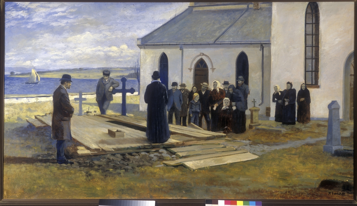 Maleri, Begravelse, Nes kirke. Malt av fotograf Martin Finborud (1861-1930)
Fra utstillingen "Hedmark - med kunstnerøyne, Hedmarksmuseet. 1993. 