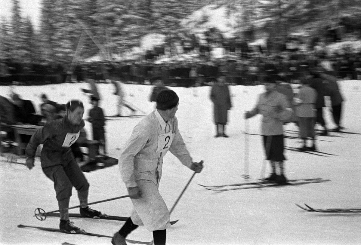 NM. Norgesmesterskap på ski, langrenn på Høsbjør i Furnes 1949. Skisport. Vinteridrett. Ukjente langrennsløpere, veksling lag nr. 2 på stafetten. 