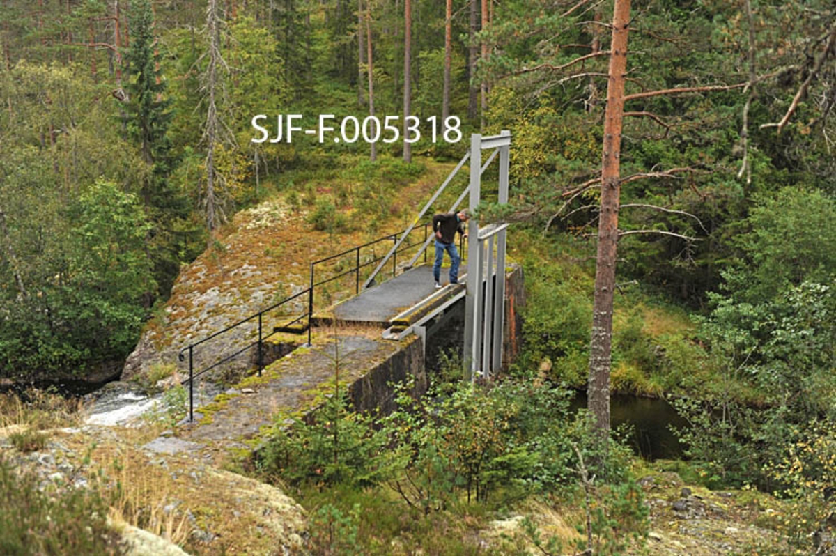 Vigdesjådammen ved utløpet av tjernet Vigdesjå i Kviteseid i Vest-Telemark.  Dammen er bygd av hoggen naturstein med krone av betong.  Dambrua har jernrekkverk på medstrøms side og ei stålramme for damlukene på motstrøms side.  Her ved utløpet av Vigdesjå renner Bygdaråi øst- og etter hvert nordøstover i bergrikt lende med Damåsan på nordsida og Kolakosi på sørsida, mot Høgfossen og Kolbjørnsrudfossen,  Fotografiet viser dammen omgitt av et landskap med blandingsskog og bergflater med lav- og lyngvegetasjon.  Konservator Bjørn Bækkelund fra Norsk Skogmuseum sto på dambrua med blikket vendt mot lukekonstruksjon da bildet ble tatt. 